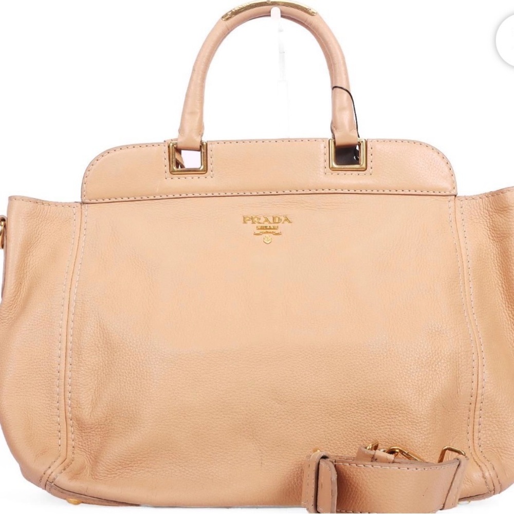 Unique Deerskin Prada Peach-Beige Leather Satchel with Gold Hardware